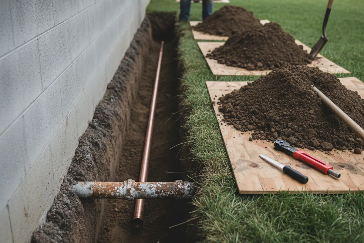 Excavated water line trench during Water Softener Installation in Chowchilla